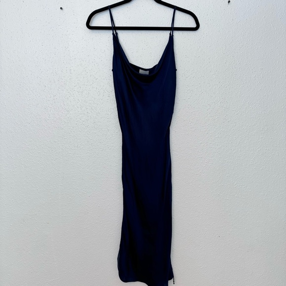 Wilfred Only Aritzia Ruched Navy Blue Slip Satin Dress Sz. SMALL - Picture 6 of 13